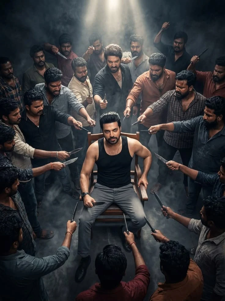 Man Surrounded by Armed Crowd Cinematic Scene photo editing prompt