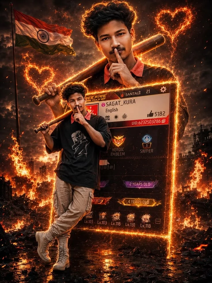 Free Fire Gamer Fiery Indian Style Poster Photo Editing Prompt
