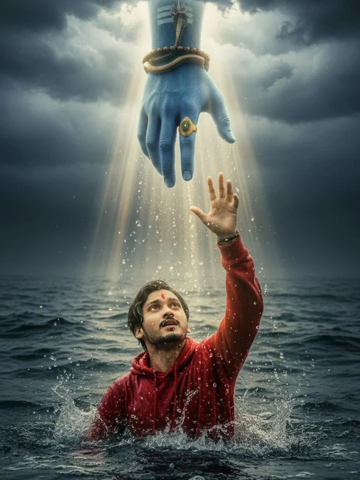 Divine Hand Reaching Toward Man in Ocean Google Gemini Prompt