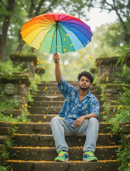 Colorful Rainbow Umbrella Rainy Day Portrait gemini prompt