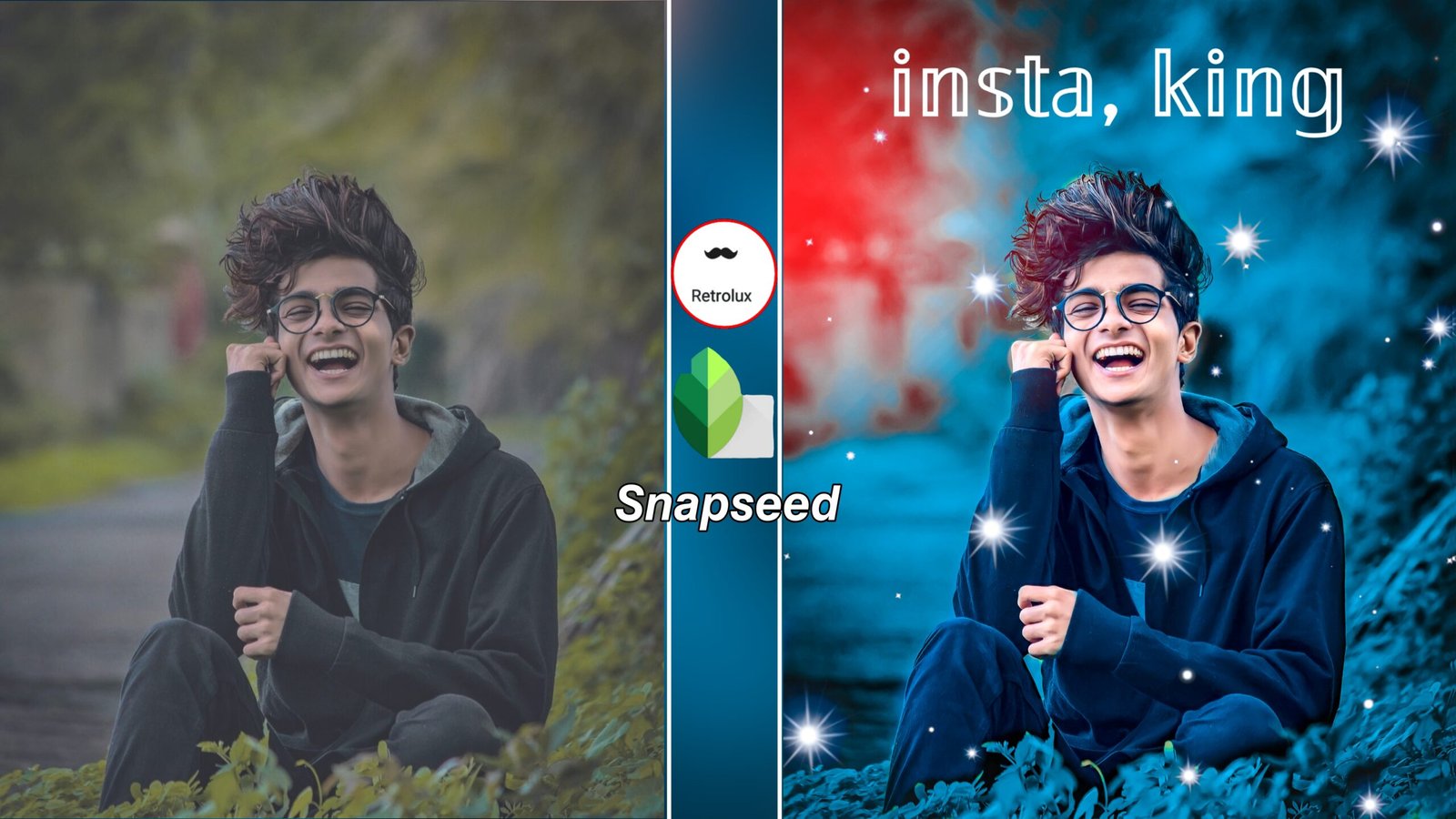 snapseed just 2 click red + blue backgrounds Insta king photo editing