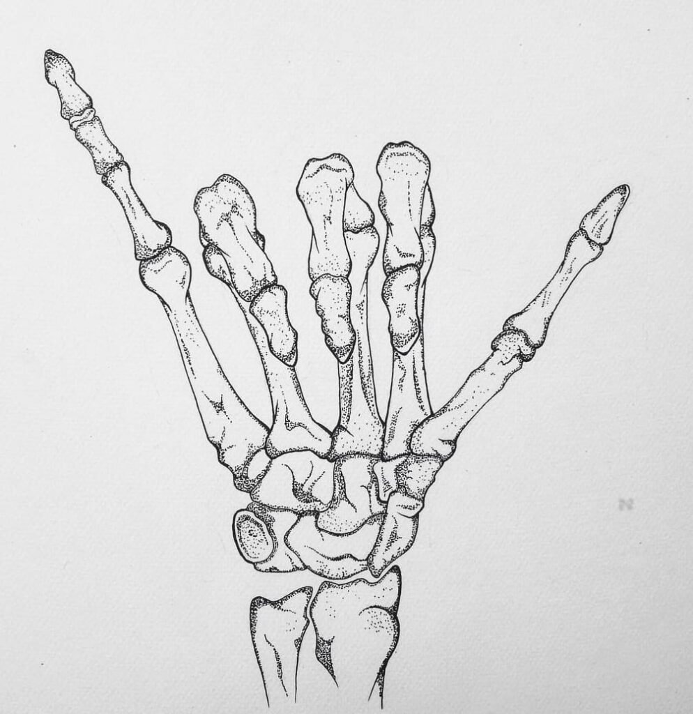 skeleton hand drawing coming from paper