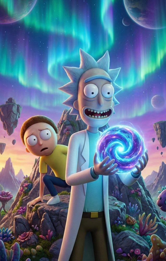 Rick holds a glowing energy orb against a vibrant aurora borealis sky with floating alien planets