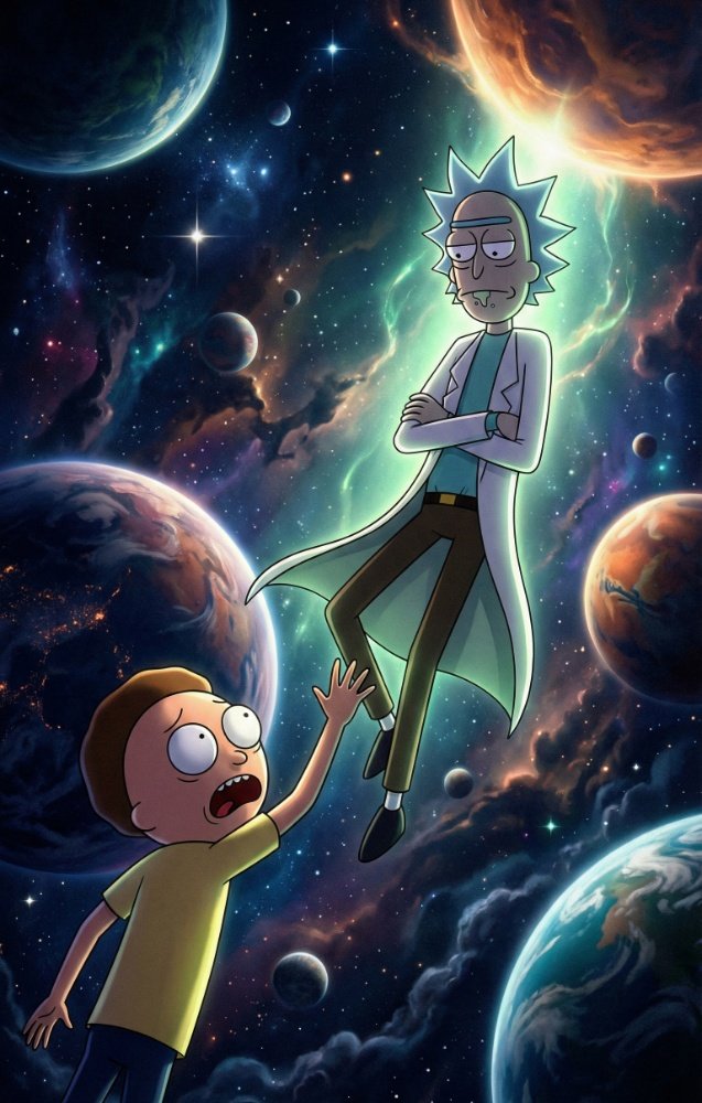Rick and Morty stand before a giant green portal in a rainy, neon-lit futuristic city street