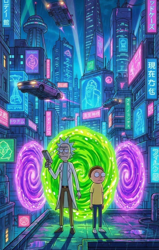 Rick and Morty stand before a giant green portal in a rainy, neon-lit futuristic city street