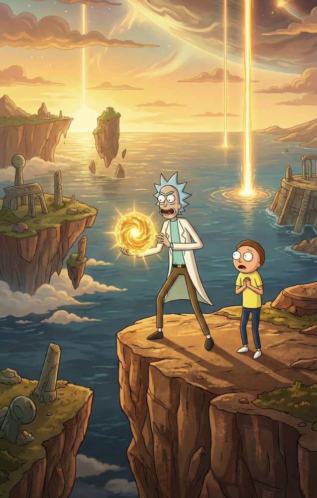 Rick creates a golden energy sphere on a cliffside overlooking a sea with giant light beams