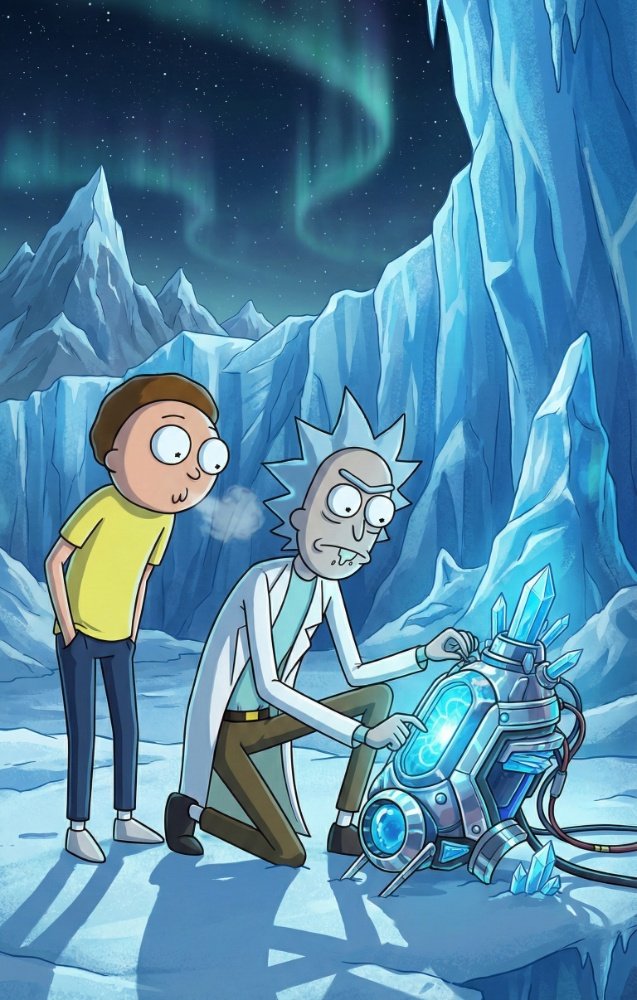 Rick and Morty examine a glowing blue crystal machine on a snowy planet with an emerald aurora