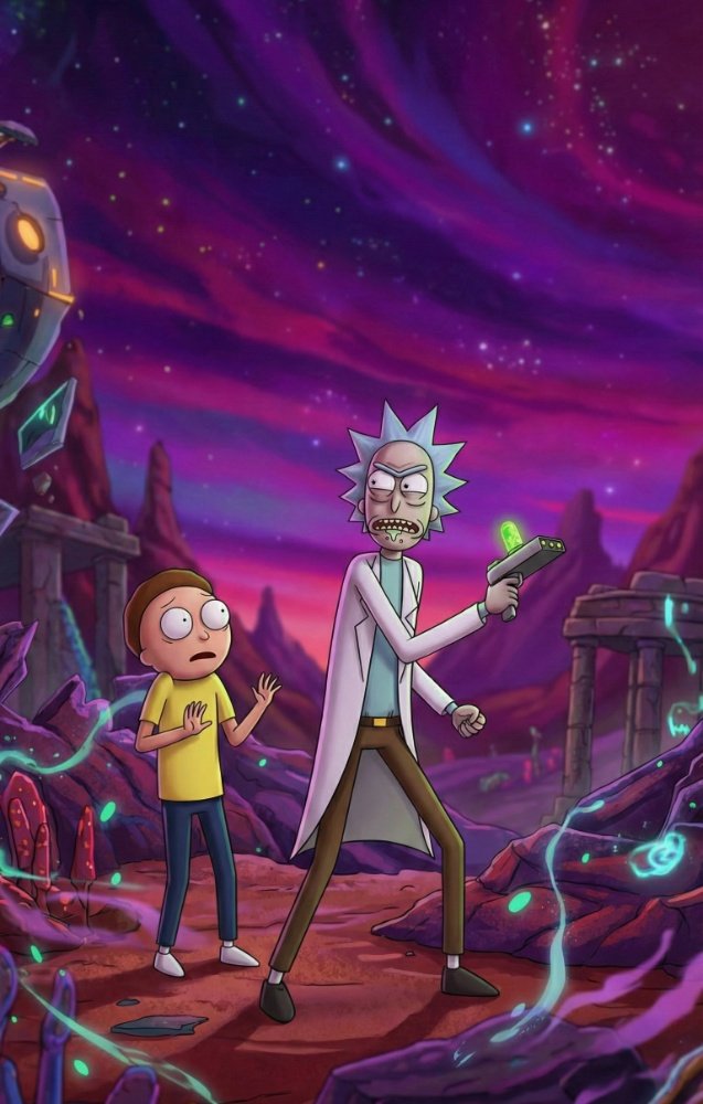 Rick points a portal gun on a rocky purple alien planet under a swirling pink and violet nebula