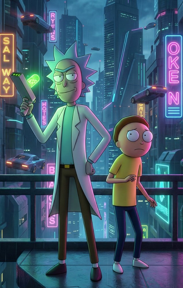 Rick and Morty standing on a balcony overlooking a futuristic city with neon signs and flying cars