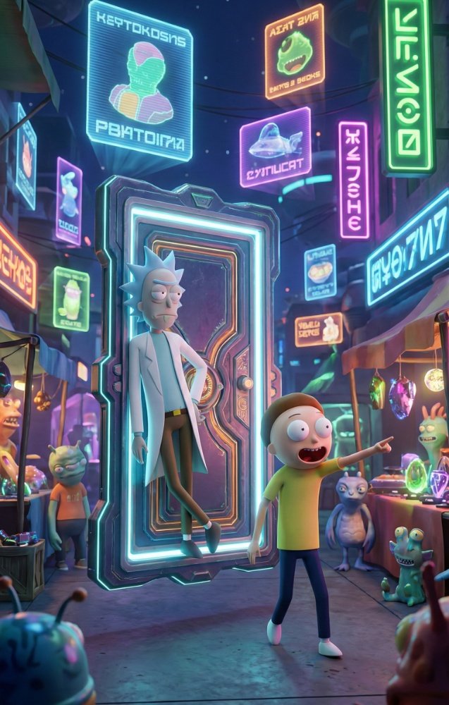 Rick and Morty exploring a busy alien marketplace filled with glowing neon signs and strange creatures