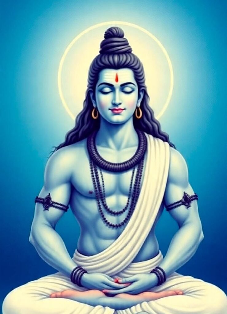 Lord Shiva in deep meditation with blue body and white robe