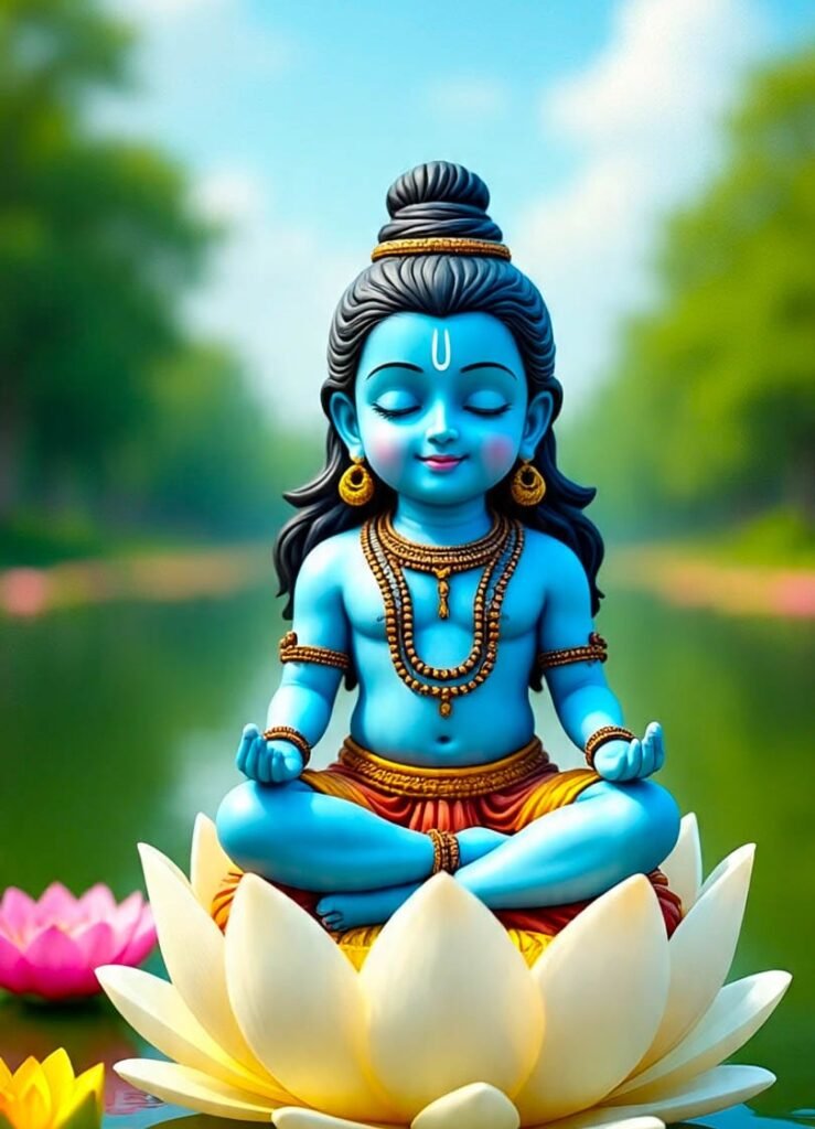 Child Shiva in meditation posture on lotus between blue sky and water heavenly view