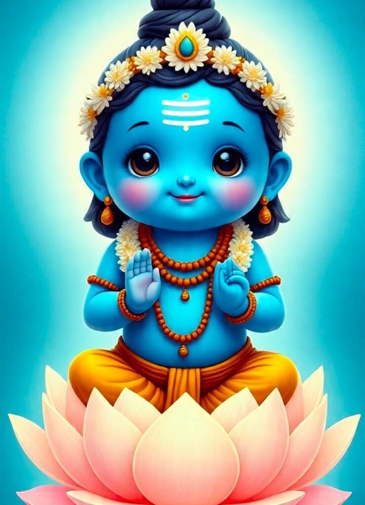 Bal Mahadev sitting on a lotus with a garland of flowers and blue lightlovely form of Bholenath