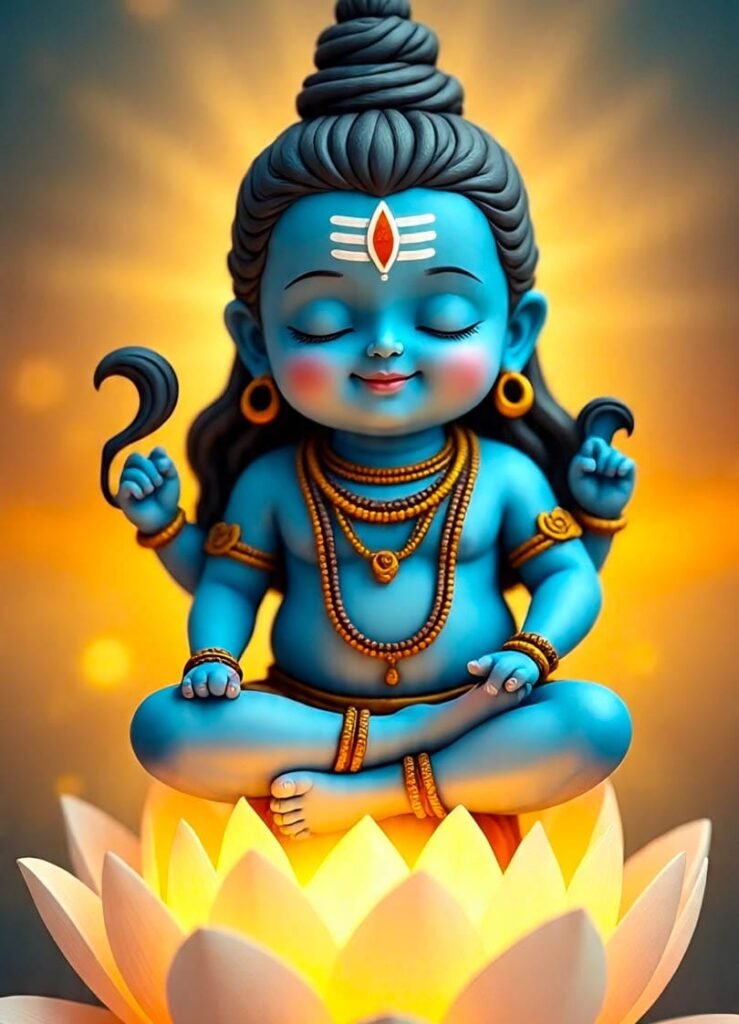 Bal Shiva meditating on lotus flower with sunlight - Portrait of calm and divine Mahadev"