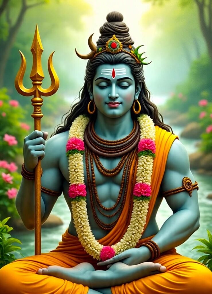 Lord Shiva meditating with trident and flower garland, near a river and forest background