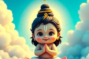 Cute baby Shiva sitting on a lotus in the sky with folded hands and crescent moon above