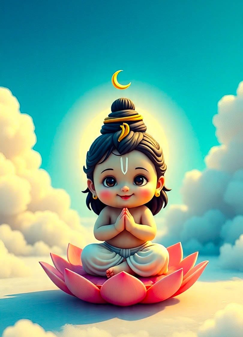 Cute baby Shiva sitting on a lotus in the sky with folded hands and crescent moon above