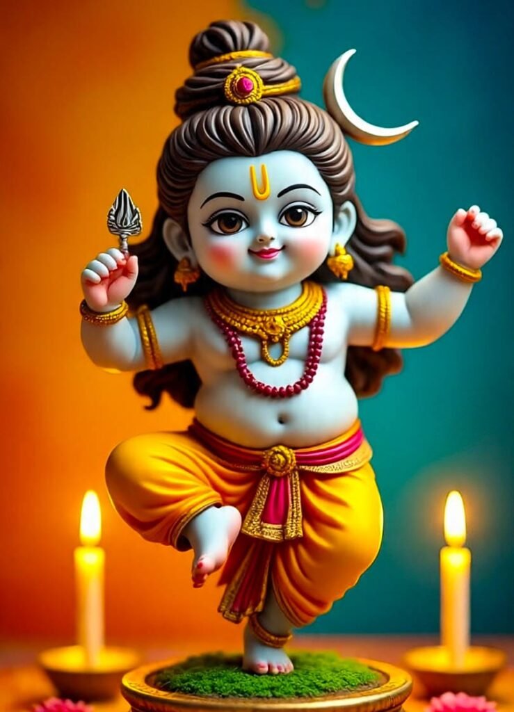 Dancing baby Shiva holding trident, surrounded by lamps