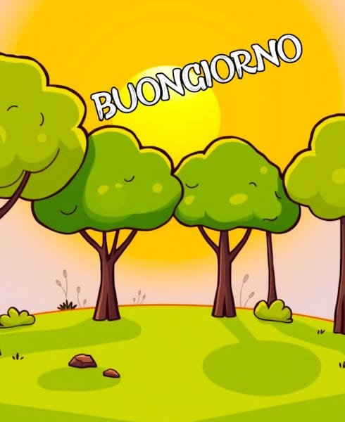 Carino buongiorno immagine con sole e alberi e piante
