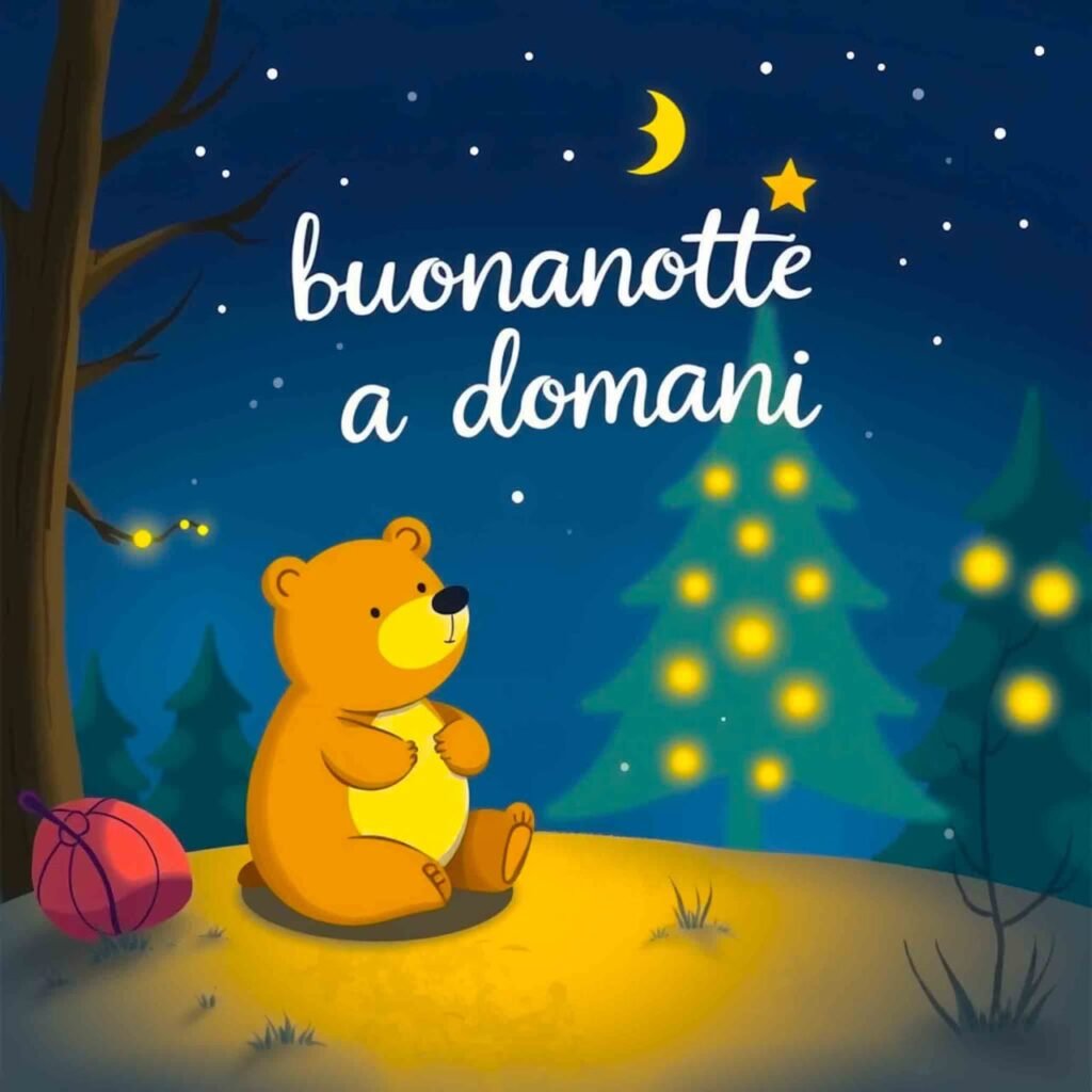 L'orso bruno è seduto vicino all'albero in fiamme e ti augura una buona notte
