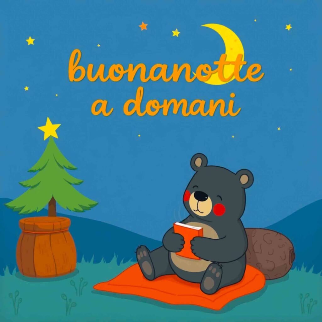 L'orso nero è visibile di notte con un piccolo albero e l'erba blu
