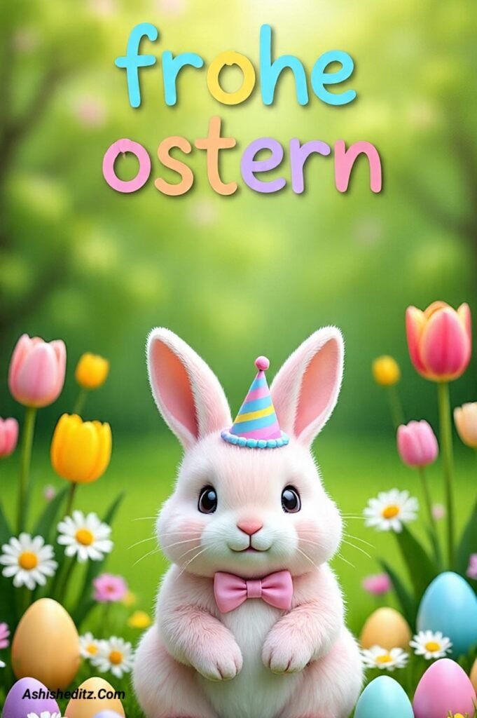 Fröhliche Osterbilder mit bunten Eiern und Hasen