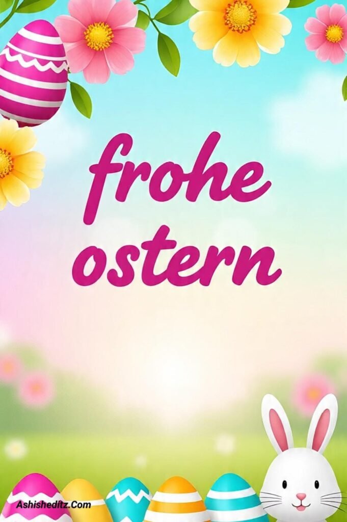 Frohe Ostern mit bunten Eiern und Blumen