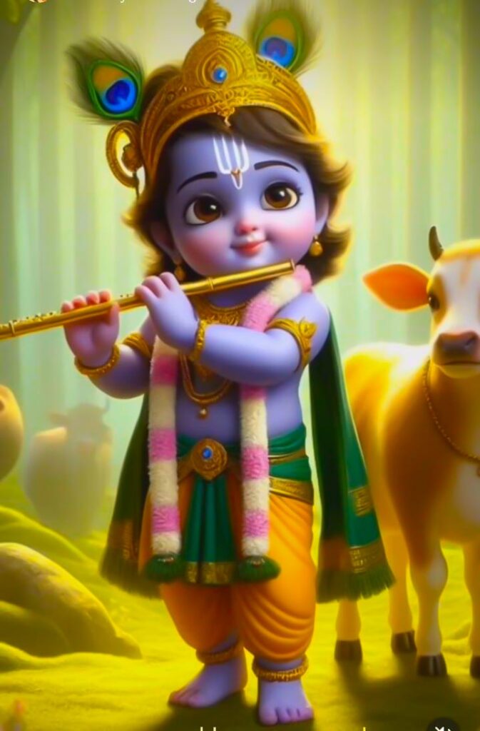 Cow and Kanha ji are standing and playing the flute