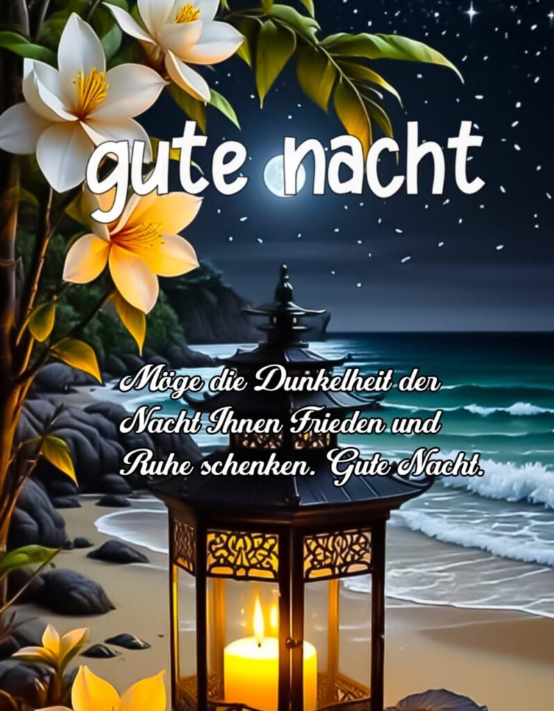 Gute-Nacht-Wünsche in gutem Zustand mit Meerwasser und Kerzen nebst Bäumen und Pflanzen