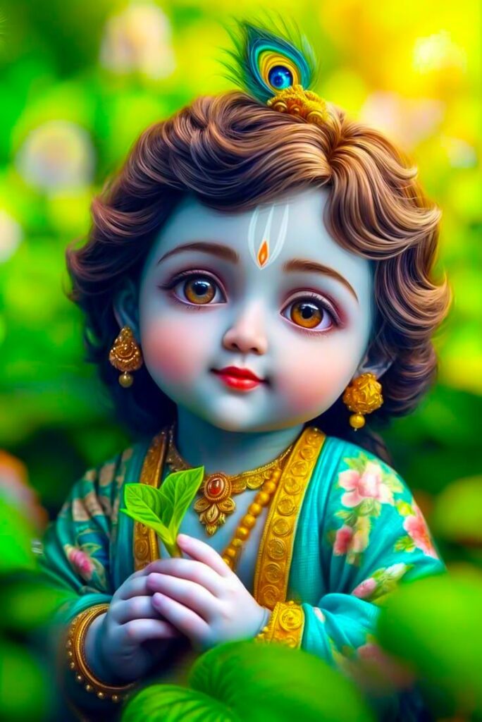 Kanha ji is looking very beautiful holding the leaves