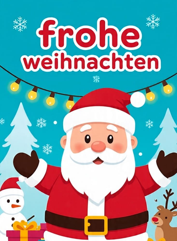 Eine helle cartoonartige Darstellung von Santa Claus umgeben von einem Schneemann und einem Rentier