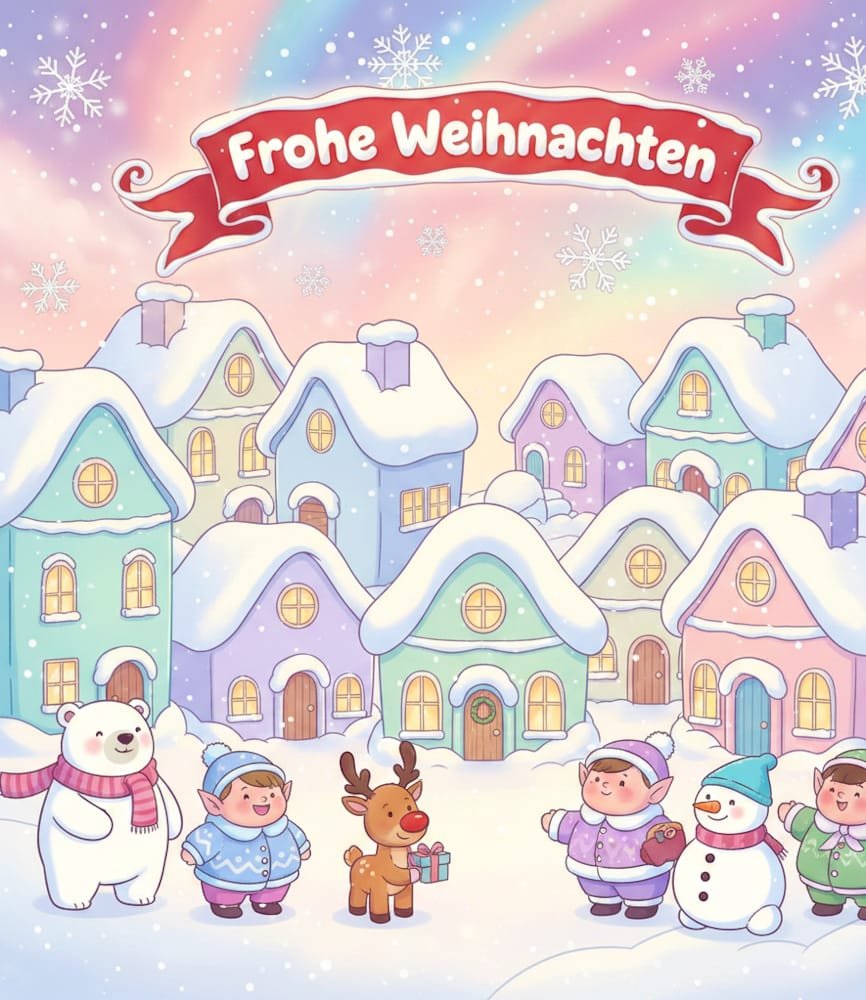 Ein pastellfarbenes Dorf mit verschneiten Häusern ist die Heimat von Elfen einem Eisbären und einem Schneemann