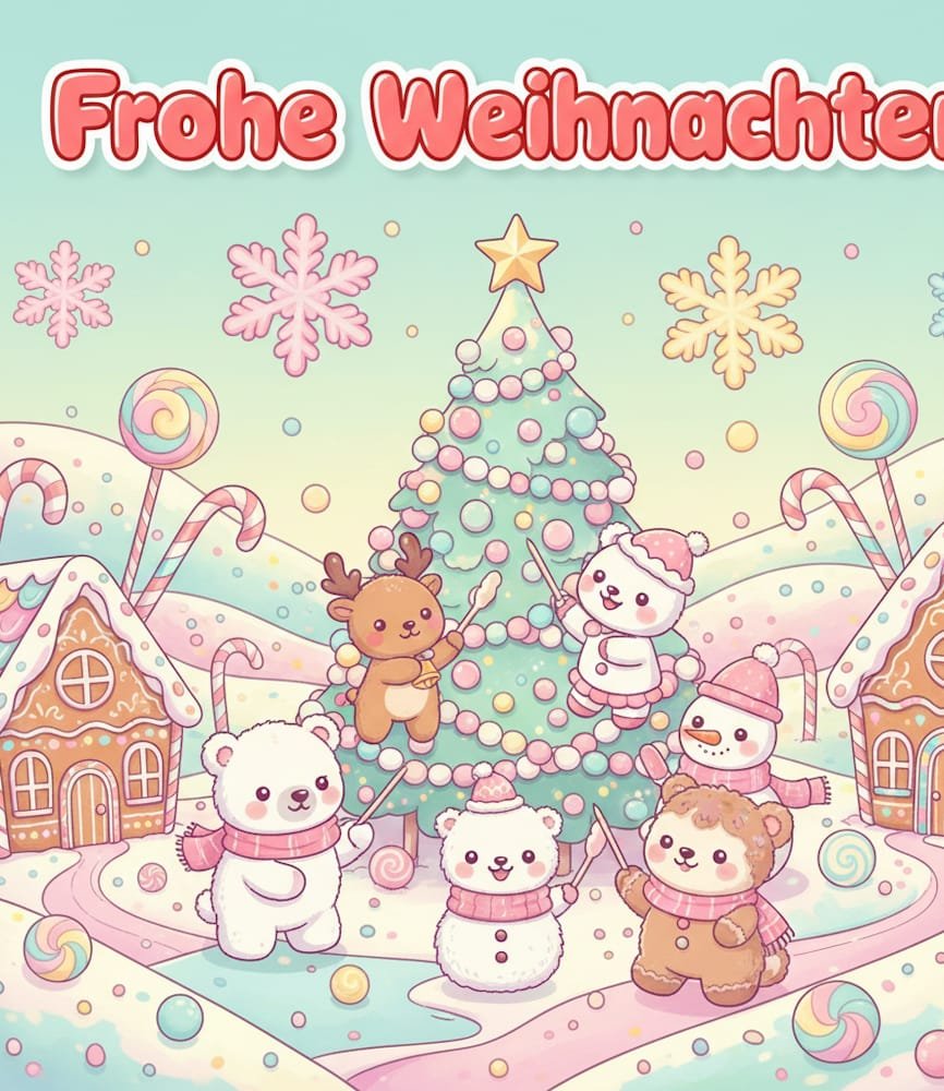 Bärchen ein Rentier und ein Schneemann schmücken einen Baum in einer pastellfarbenen Zuckerstangenlandschaft