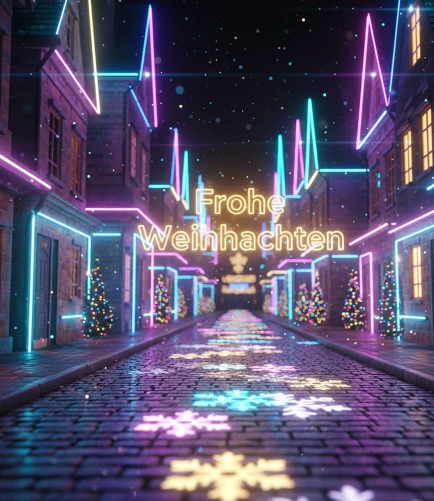 Eine moderne Gasse ist bei Nacht mit heller Neonbeleuchtung und leuchtenden Schneeflocken auf dem Boden geschmückt.