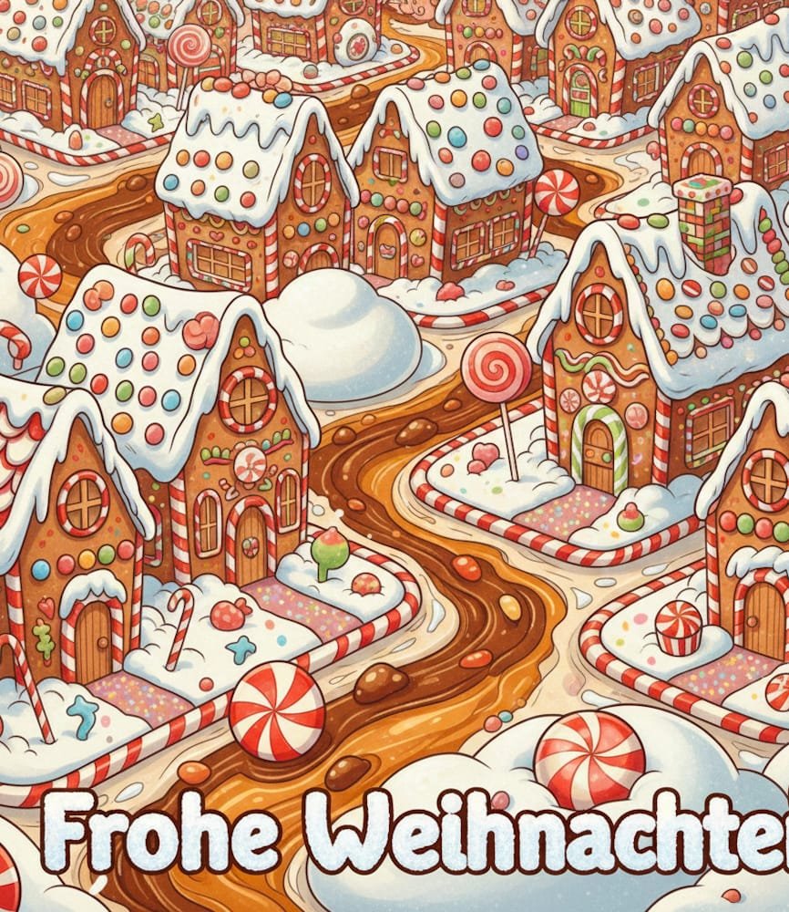 Eine detaillierte Landschaft aus Lebkuchenhäusern und Süßigkeiten ist umflossen von einem Schokoladenfluss