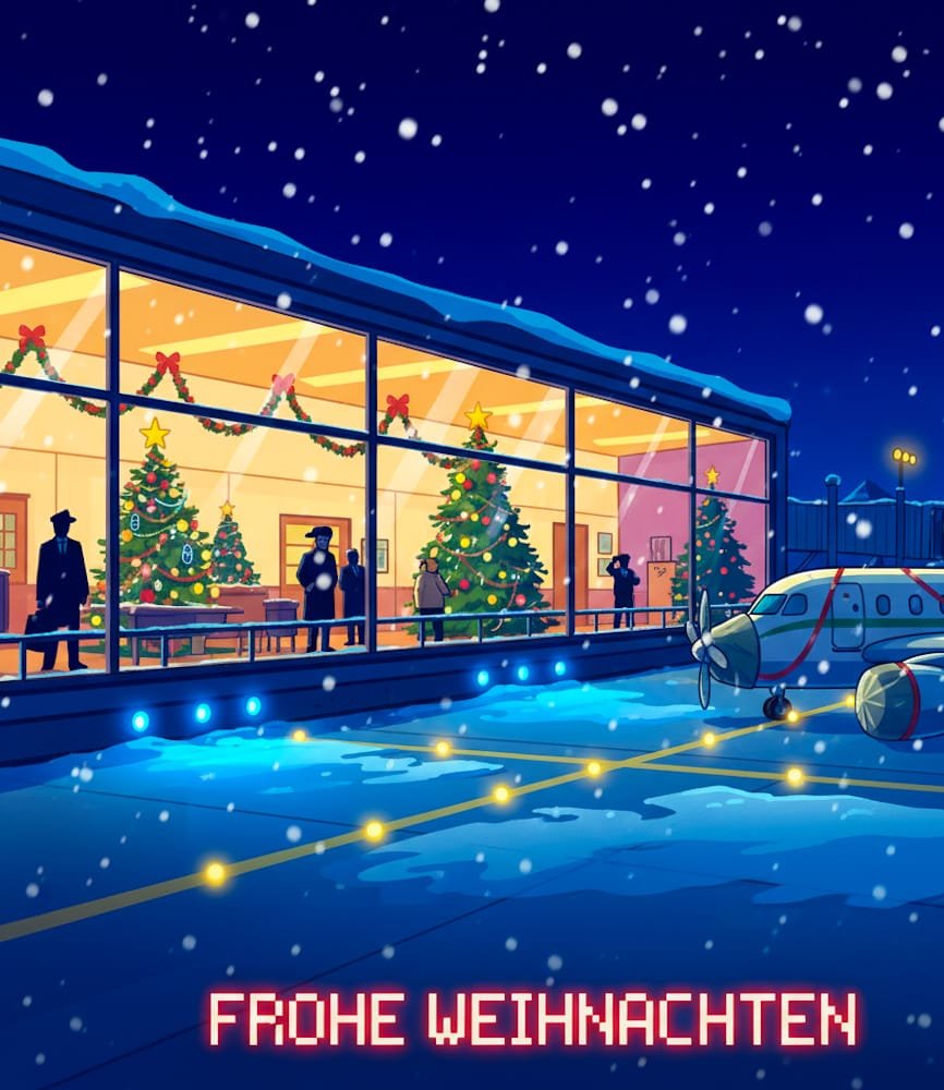 Passagiere warten in einer beleuchteten Abflughalle mit geschmückten Weihnachtsbäumen neben einem Flugzeug