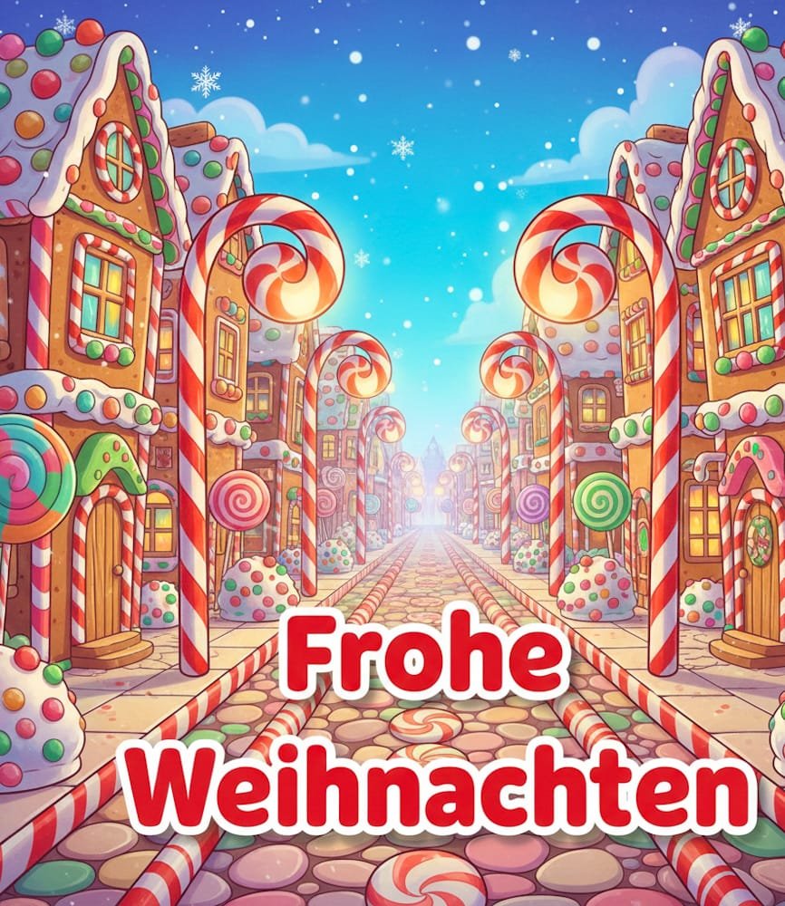 Eine Stadtansicht mit Häusern und Straßenlaternen aus Lebkuchen und riesigen Zuckerstangen