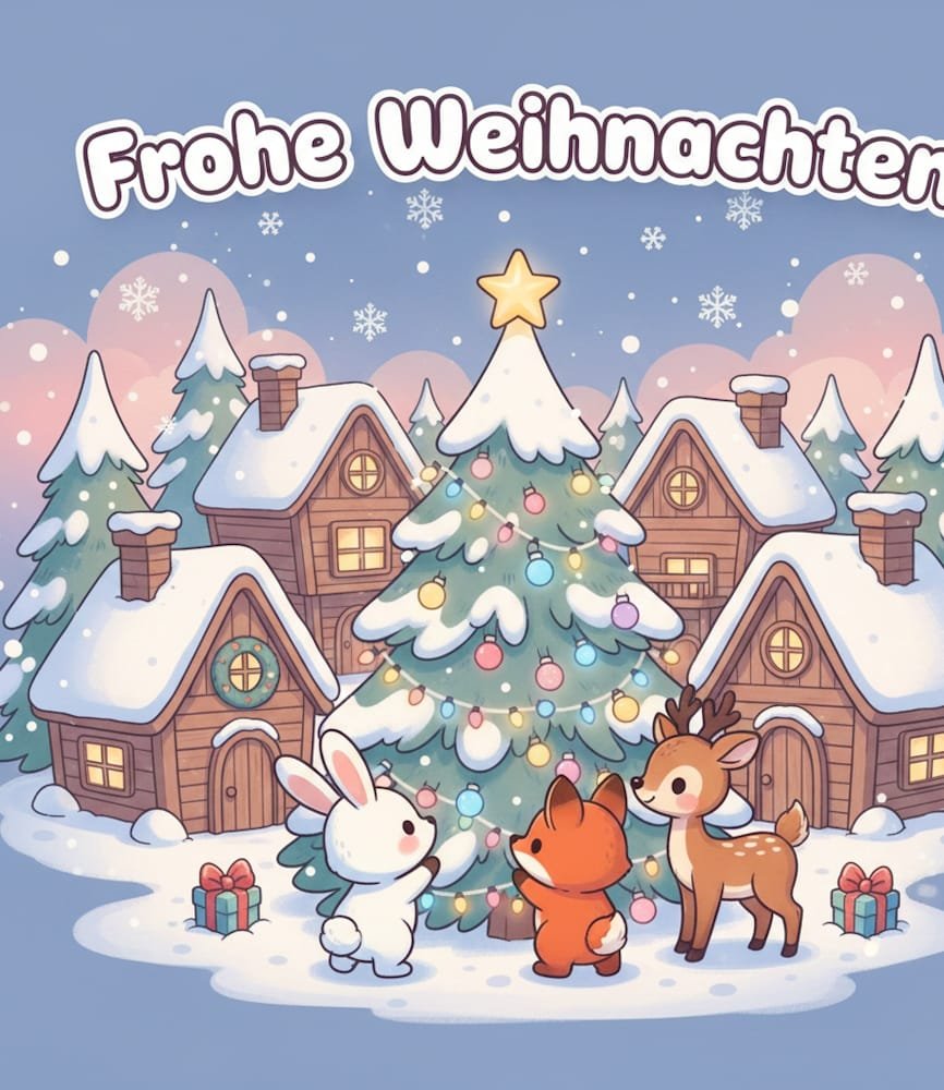 Ein Häschen ein Fuchs und ein Rehkitz stehen vor Holzhütten mit einem großen geschmückten Weihnachtsbaum