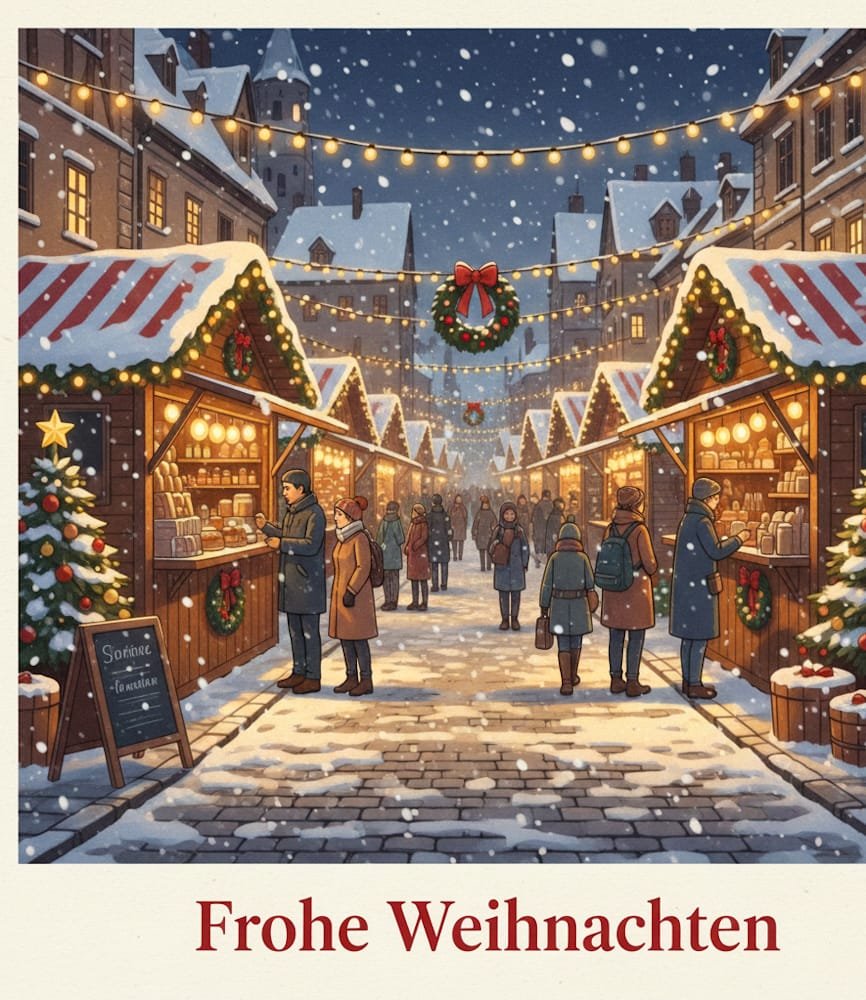 Ein idyllischer Weihnachtsmarkt in einer verschneiten Gasse ist geschmückt mit Lichterketten und einem Kranz