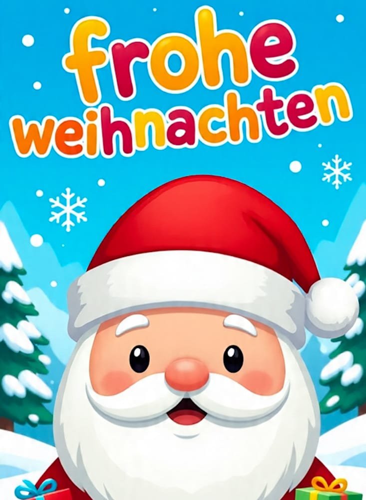 Großaufnahme von Santa Claus vor einem blauen Himmel mit Schneeflocken und Tannenbäumen