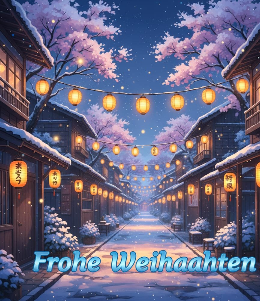 Eine verschneite Gasse im japanischen Stil ist mit Laternen und rosa Blütenbäumen geschmückt