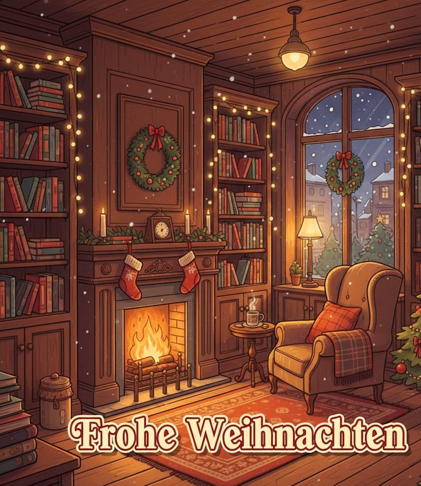 Ein warmes Zimmer mit Bücherregalen einem Sessel und einem weihnachtlich geschmückten Kamin