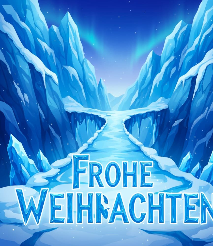 Ein Weg führt durch eine kalte Schlucht aus blauem Eis oben leuchten Nordlichter