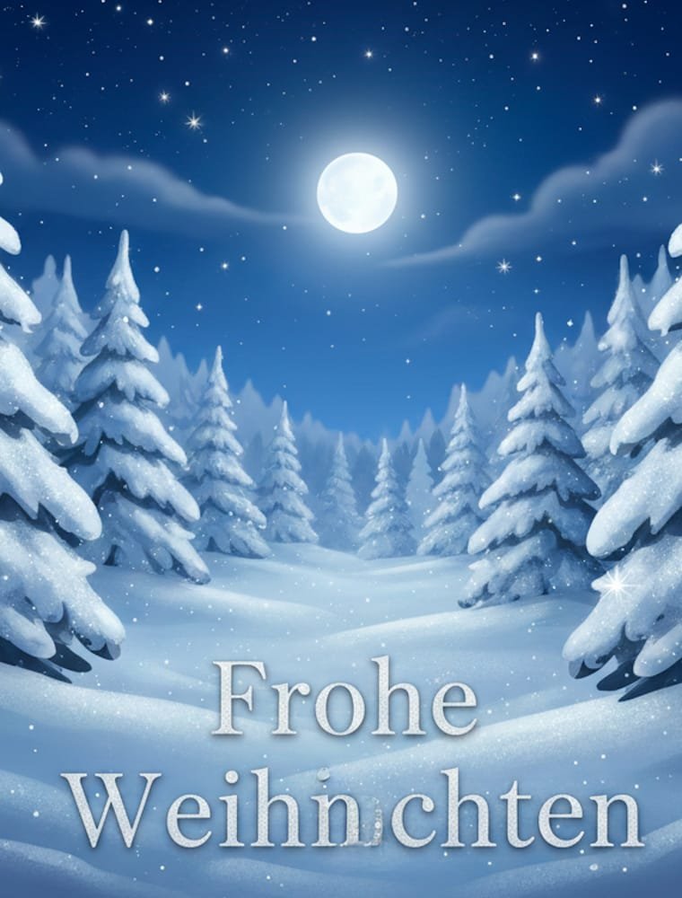 Ein Weg führt durch einen tief verschneiten Tannenwald über dem der helle Vollmond leuchtet