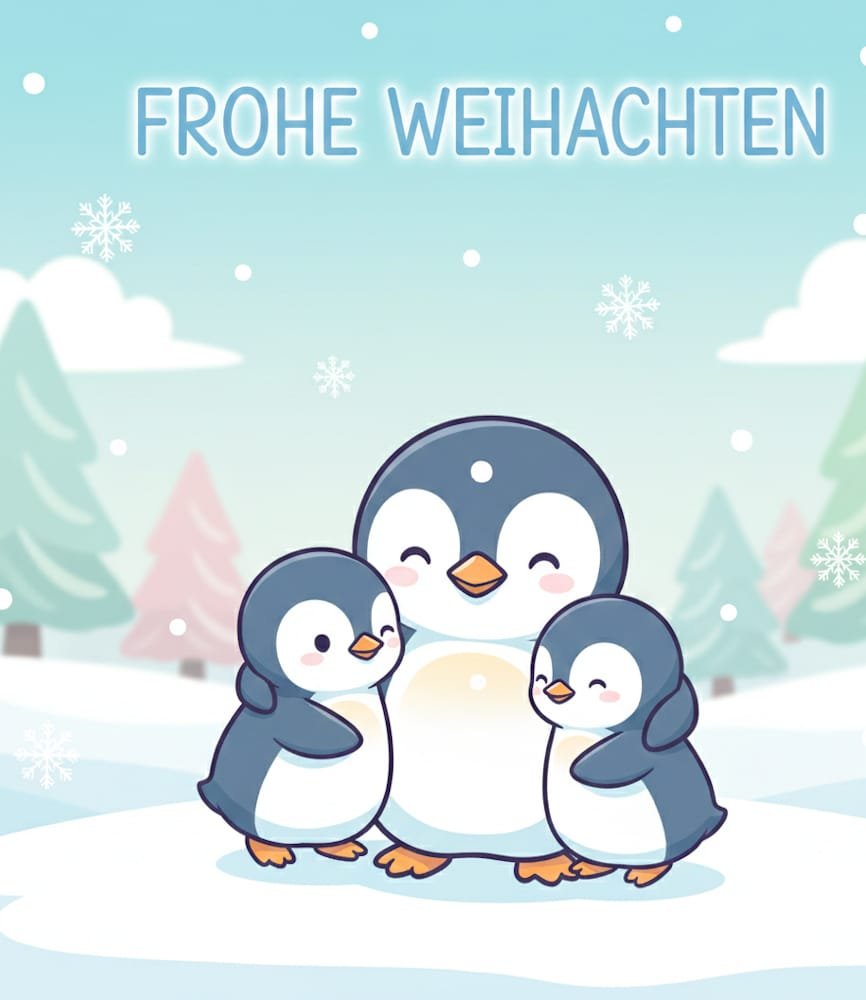 Eine Pinguinfamilie steht eng beieinander in einer schneebedeckten Landschaft mit Pastellbäumen