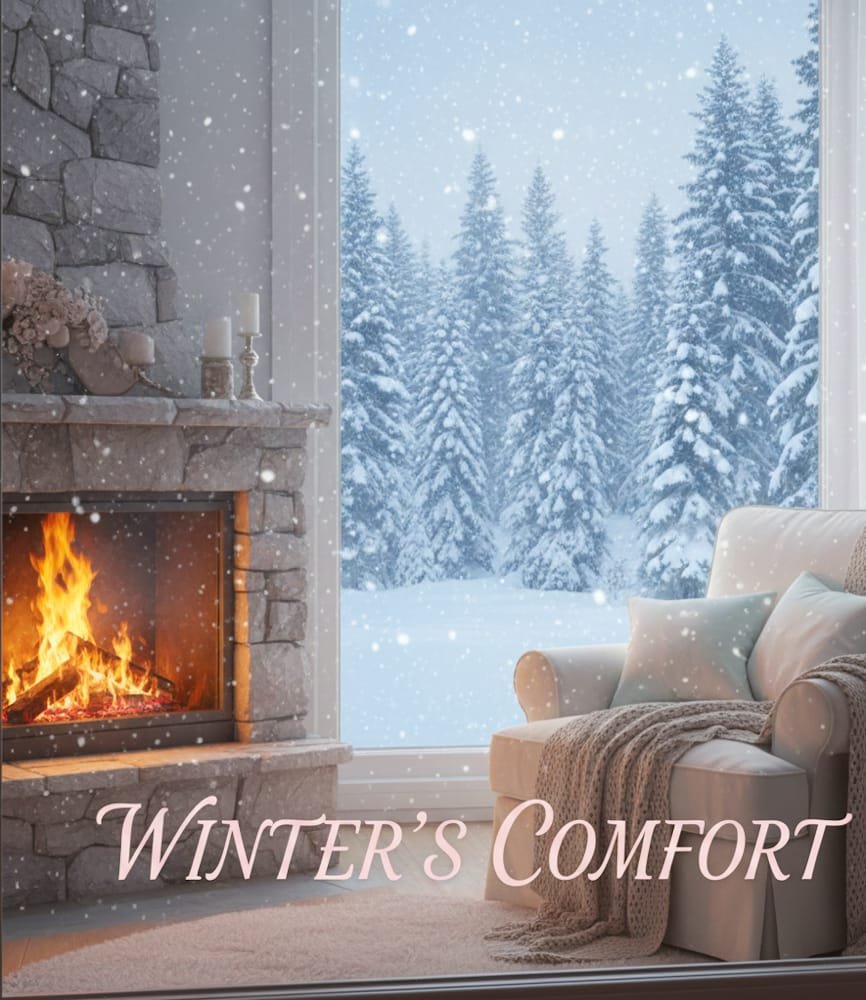 Ein gemütlicher Kamin brennt neben einem Sessel mit Blick auf verschneite Tannen