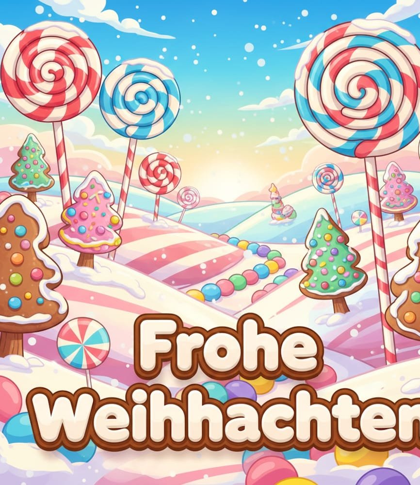 Eine Landschaft mit Lebkuchenbäumen großen Lollis und einem Weg aus Bonbons