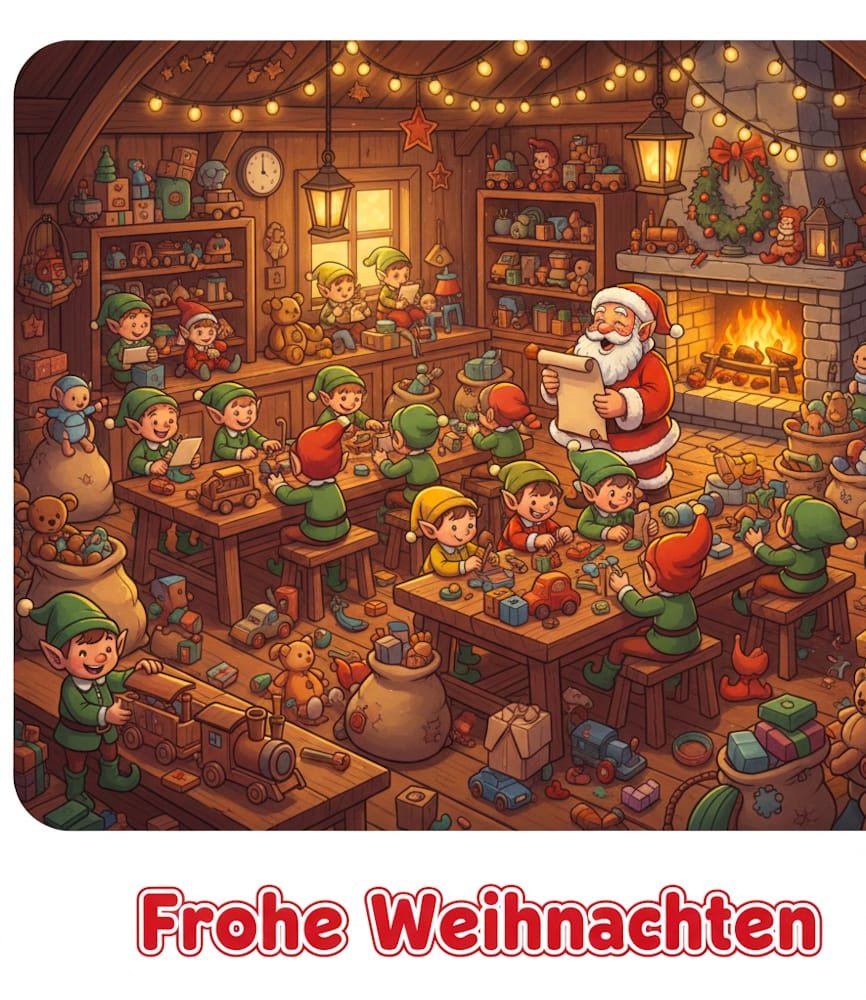 Santa Claus liest eine Liste vor während seine Elfen fleißig in einer rustikalen Werkstatt Spielzeug herstellen