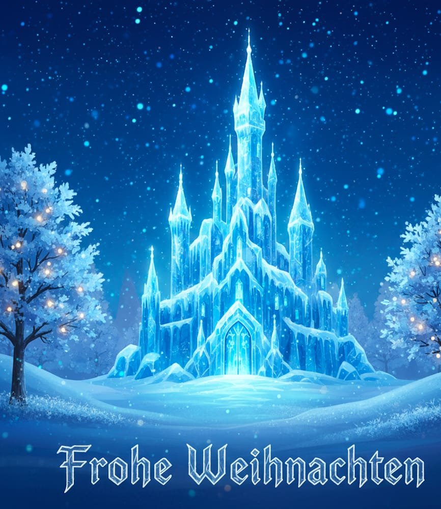 Ein fantastisches blaues Eisschloss leuchtet unter einem sternenklaren Himmel in einer verschneiten Landschaft