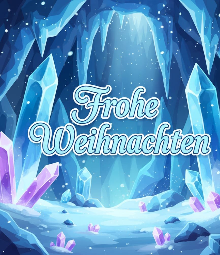 Eine Höhle voller Eiszapfen und großen blauen und lila Kristallen in einem hellen bläulichen Licht